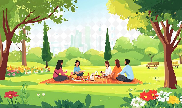 PSD une affiche pour une famille dans un parc avec une ville en arrière-plan