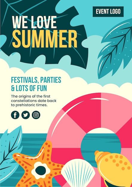 une affiche pour une fête d'été avec une image de poisson et de soleil
