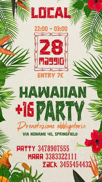 PSD une affiche pour une fête hawaïenne avec des fleurs et des feuilles.