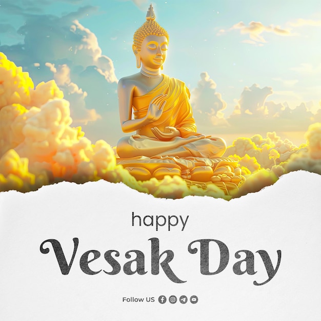 PSD une affiche pour une fête joyeuse du jour de vesak avec un bouddha dans les nuages