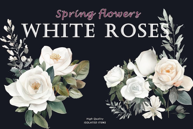 PSD une affiche pour les fleurs de printemps roses blanches sur fond noir.
