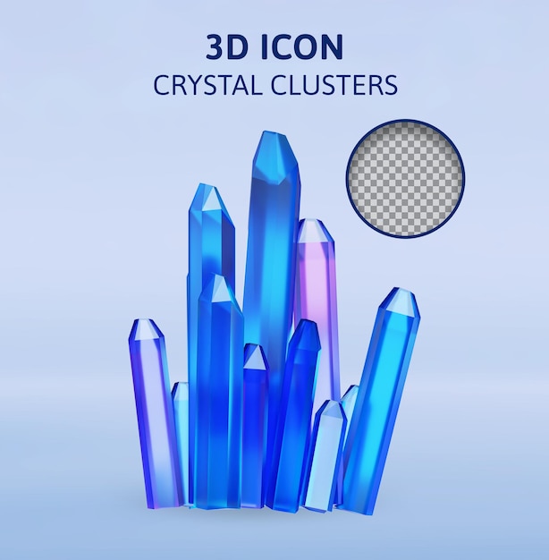 PSD une affiche pour les grappes de cristaux d'icônes 3d avec un fond bleu.