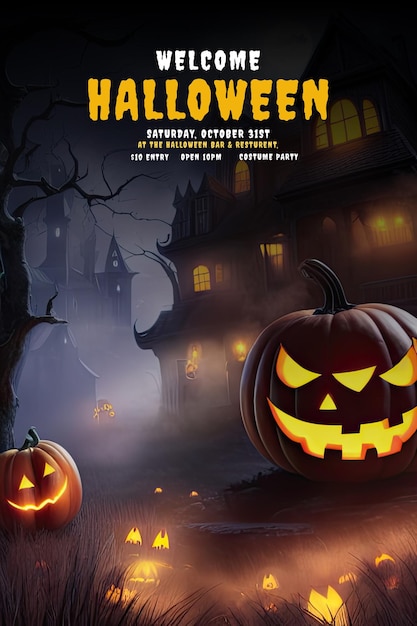 PSD l'affiche pour halloween avec une citrouille effrayante sur la couverture.