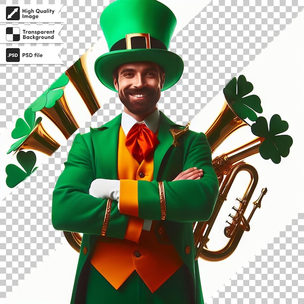 PSD une affiche pour un homme avec un chapeau vert et une trompette