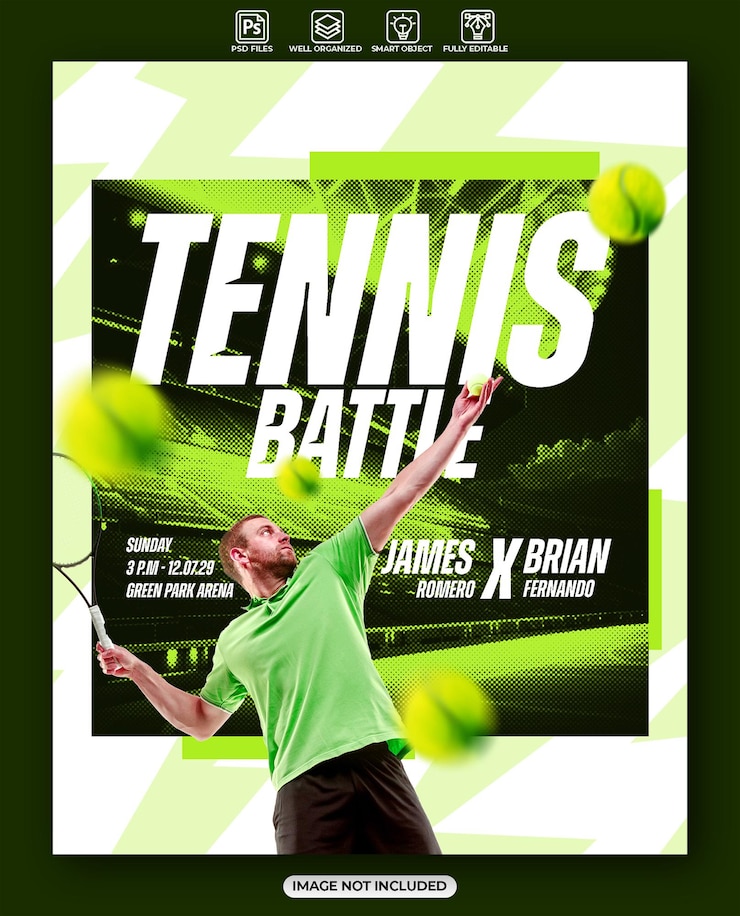 PSD une affiche pour un joueur de tennis avec les mots tennis dessus