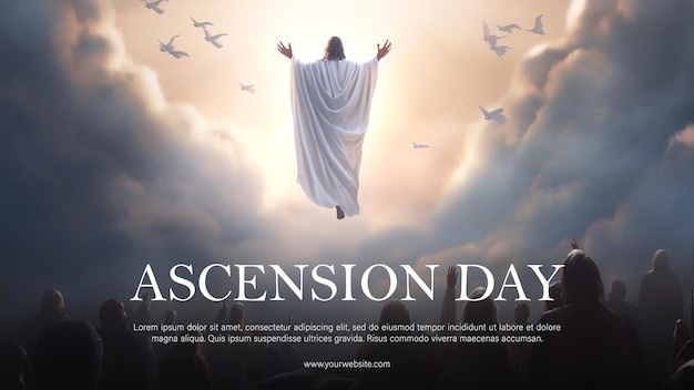 PSD une affiche pour le jour de l'ascension avec l'image de jésus en arrière-plan