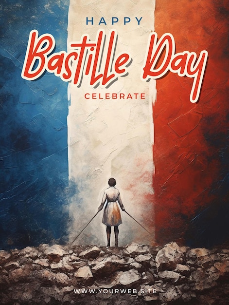 PSD une affiche pour le jour de la bastille célébrant avec une femme en robe et un drapeau en bas.