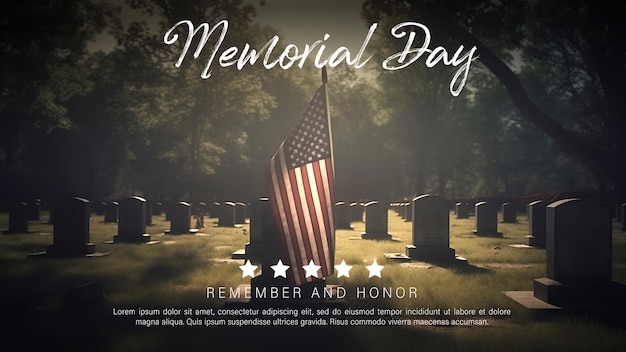 PSD une affiche pour le jour du souvenir avec les drapeaux américains et les pierres tombales au cimetière national