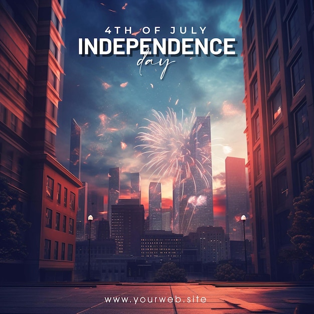 PSD une affiche pour le jour de l'indépendance du 4 juillet avec un paysage urbain en arrière-plan