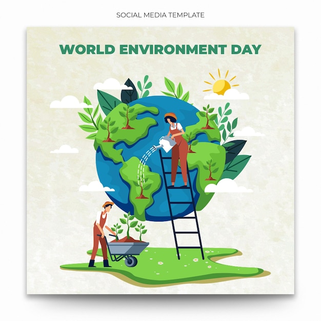 Une affiche pour la journée mondiale de l'environnement avec un homme sur une échelle.