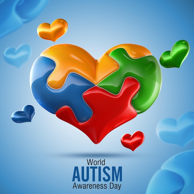 Une affiche pour la journée mondiale de sensibilisation à l'autisme avec des cœurs autour d'elle.