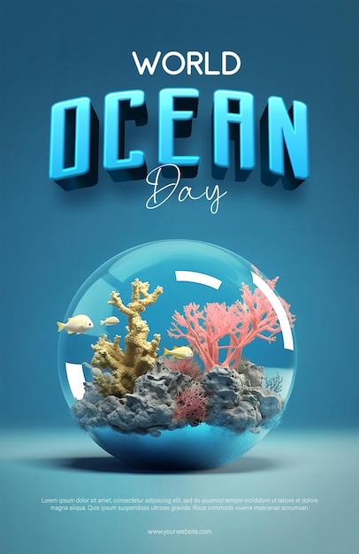 Une affiche pour la journée de l'océan avec une miniature de l'océan avec des poissons et des coraux à l'intérieur