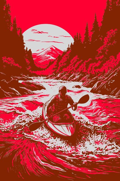 Une Affiche Pour Un Kayak Avec Un Fond Rouge Et Un Homme Dans Un Kayak Au Milieu De L'eau