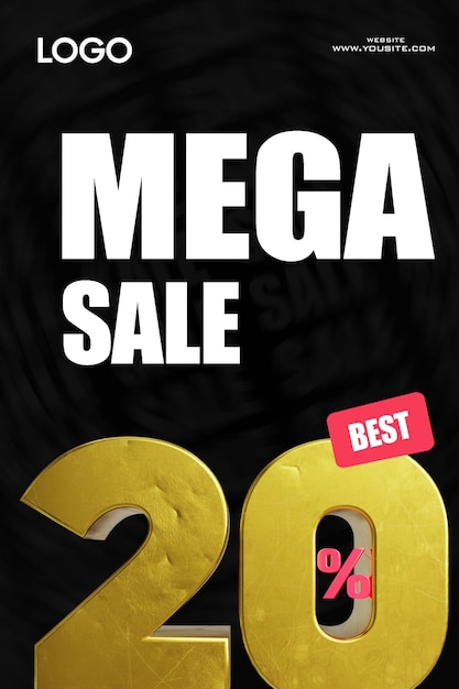 PSD une affiche pour une méga vente avec un numéro jaune et un autocollant rouge indiquant le meilleur de 2 %.