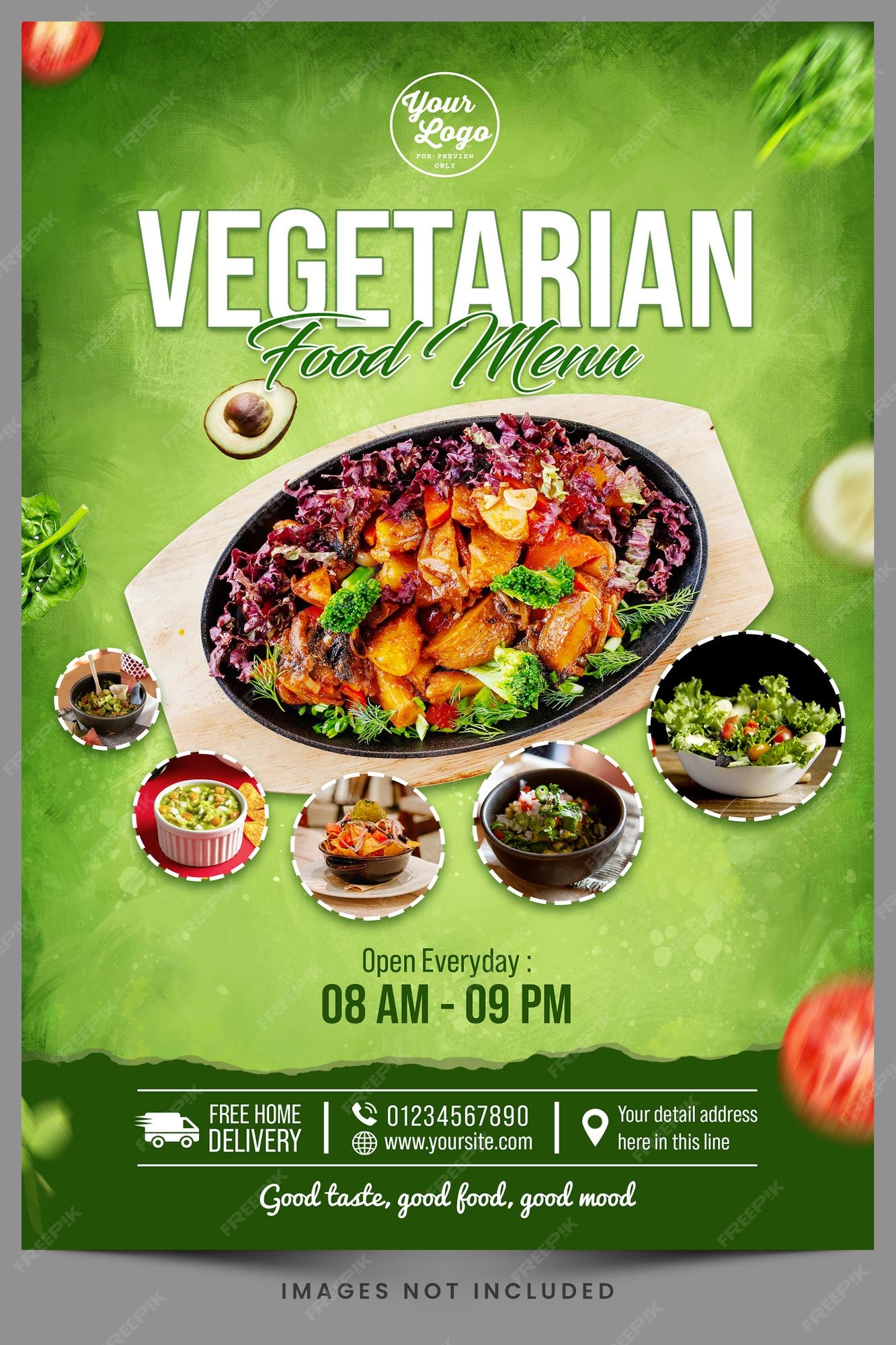 Une affiche pour un menu végétarien ouvert tous les jours. PSD Premium