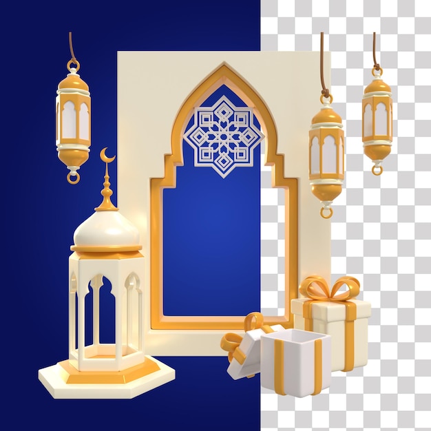 PSD une affiche pour une mosquée avec un fond or et bleu et une photo d'une lanterne et une boîte cadeau.