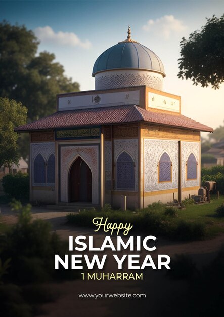 Une affiche pour le Nouvel An islamique avec une photo d'un beau fond de mosquée