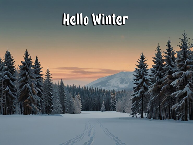 PSD une affiche pour la nouvelle année en hiver avec des arbres couverts de neige et des montagnes en arrière-plan
