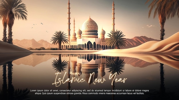Une Affiche Pour Une Nouvelle Année Avec Une Mosquée En Arrière-plan.