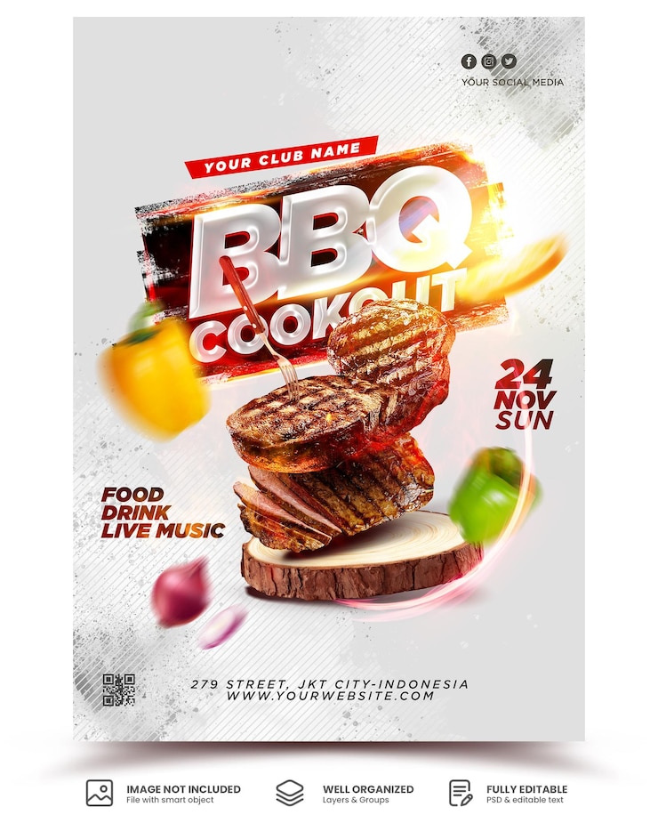 PSD une affiche pour la promotion d'un menu de cuisine barbecue