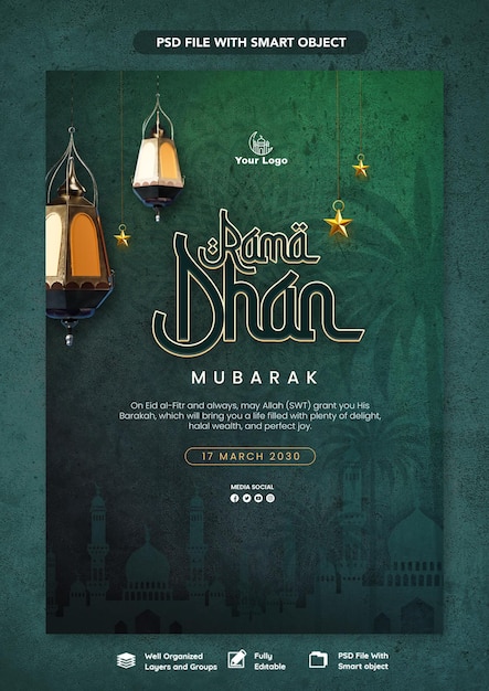 PSD une affiche pour le ramadan avec un fond bleu et les mots heureux célébrer le ramadan