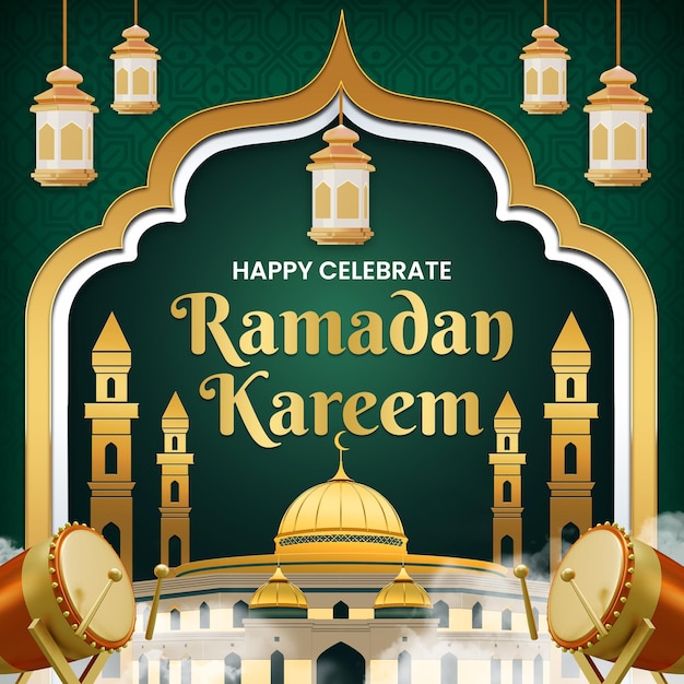 Une affiche pour le ramadan kareem avec une photo d'une mosquée et d'un bâtiment.