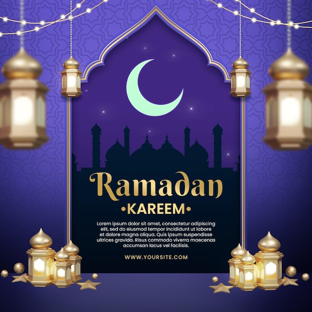 Une affiche pour le ramadan avec une lanterne et une bannière pour le ramadan.