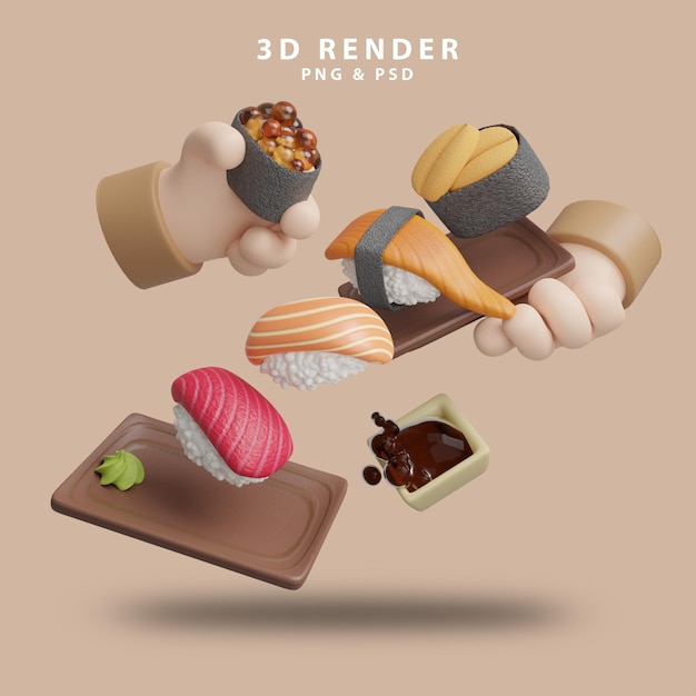 PSD une affiche pour un rendu 3d avec une main tenant un plateau de sushi.