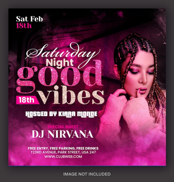 PSD une affiche pour le samedi soir good vibes avec une femme en robe rose.