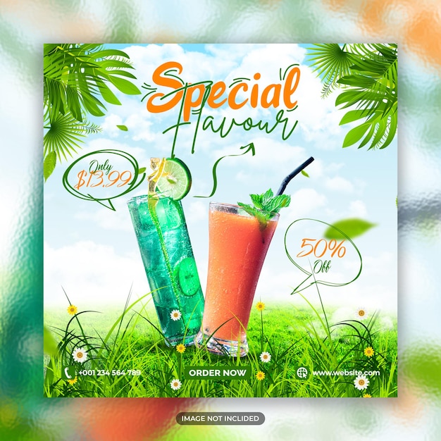 PSD une affiche pour des saveurs spéciales avec un cocktail sur le fond.