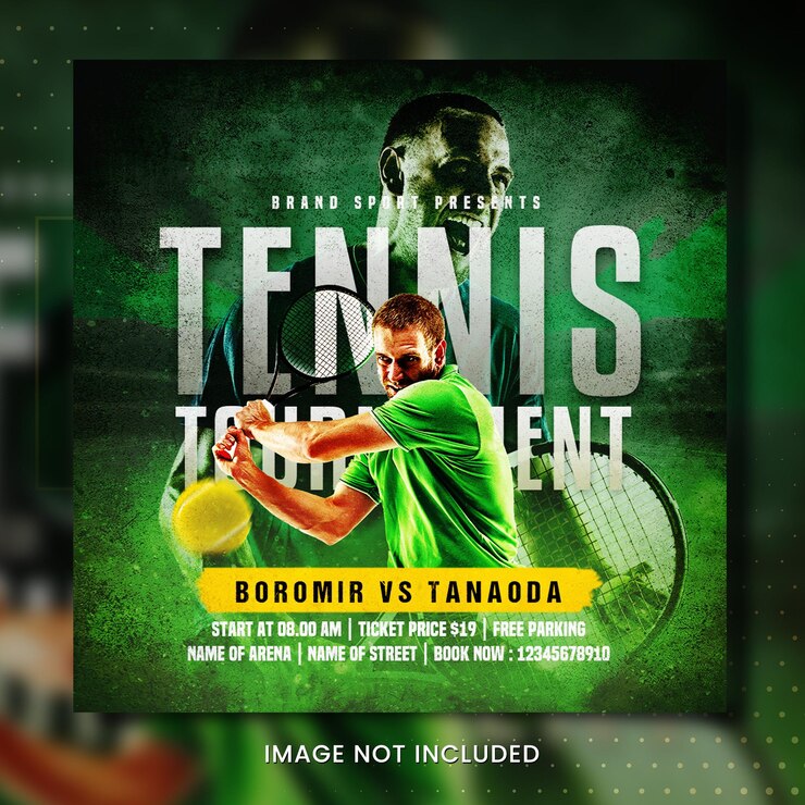 PSD une affiche pour un tournoi de tennis avec un homme jouant au tennis.