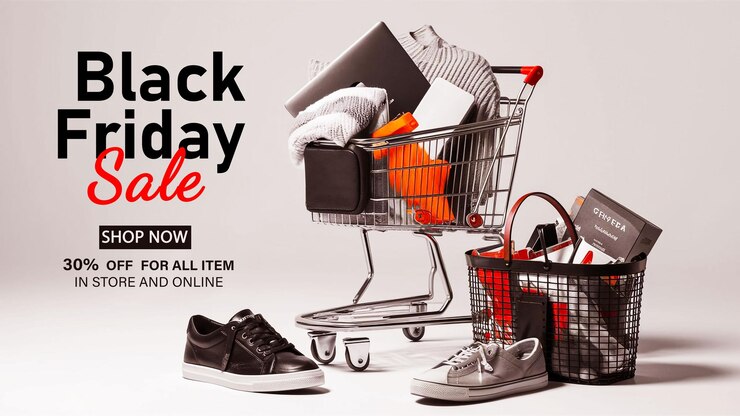PSD une affiche pour la vente du vendredi noir avec un panier d'achat