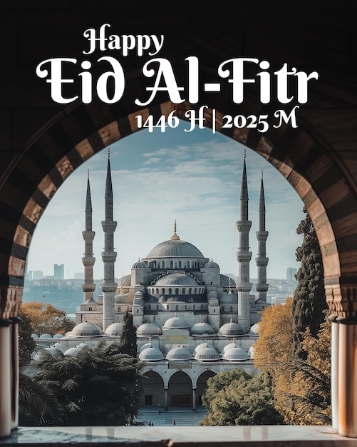 PSD une affiche pour les vœux d'eid al fitr avec une mosquée en arrière-plan