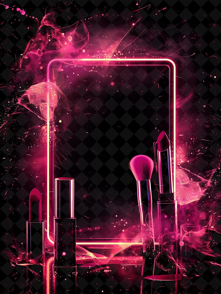 PSD une affiche de produits de maquillage avec un fond rose et un fond noir avec un dessin rose et violet
