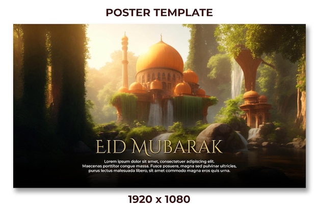 Affiche PSD Happy Eid AlFitr avec un fond de mosquée fantastique