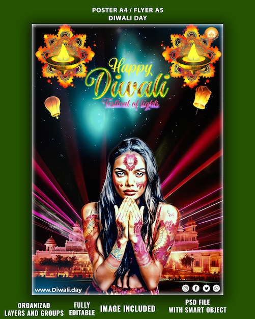 Affiche PSD pour saluer le festival des lumières Happy Diwali avec une femme indienne qui a du henné sur les mains