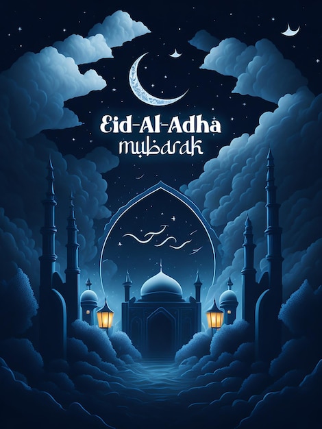 Affiche PSD de Ramadan Eid al Adha avec une photo d'une belle décoration de lanterne