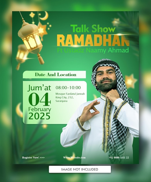 PSD une affiche sur les réseaux sociaux postant des événements islamiques du ramadan maulid et isra miraj