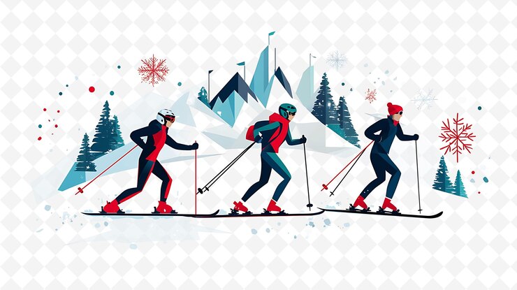 PSD une affiche de skieurs avec de la neige et des arbres en arrière-plan
