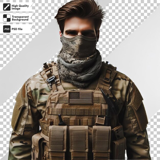 PSD une affiche d'un soldat avec un masque sur le visage et les mots 