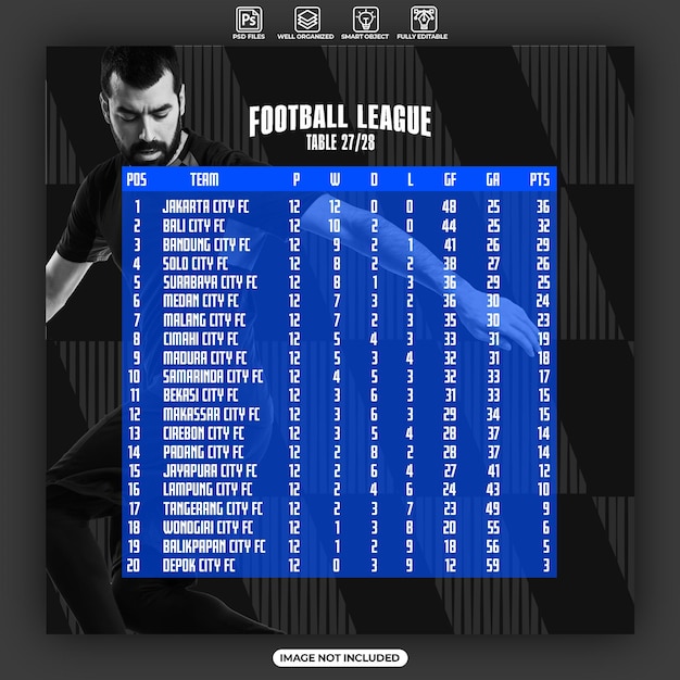 PSD affiche de table de ligue de football ou modèle de publication instagram sur les réseaux sociaux