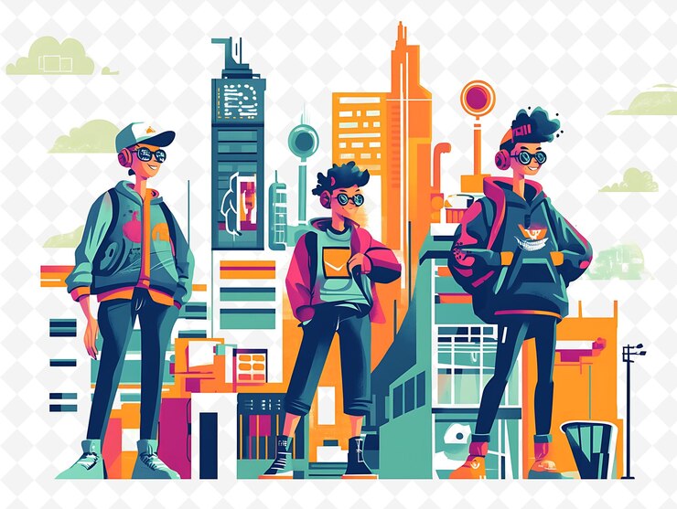 PSD une affiche de trois personnes avec une image d'un paysage urbain en arrière-plan