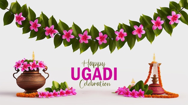 PSD une affiche ugadi heureuse avec une guirlande de fleurs avec des feuilles de mangue pooja kalash