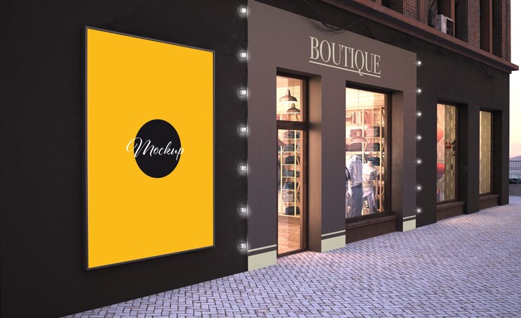 PSD affiche de vente de mode sur un mur près de la maquette de rendu 3d du magasin de mode