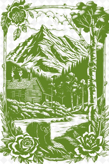 PSD une affiche verte et blanche avec une maison dans les bois