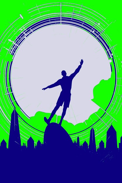 PSD une affiche verte et bleue avec un homme sautant au-dessus d'une ville