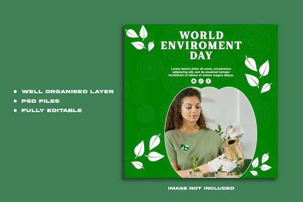 PSD une affiche verte pour la journée mondiale de l'environnement avec une femme tenant une plante.