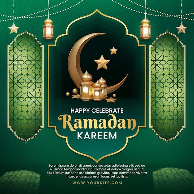 Une affiche verte pour le ramadan avec un croissant et un fond vert.