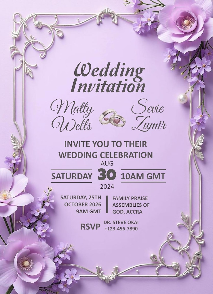 PSD une affiche violette pour une réception de mariage avec des fleurs et un lapin dessus