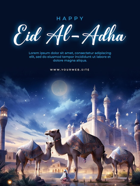 Affiche De Voeux Eid Al Adha Avec Chameau Et Mosquée Dans La Belle Nuit